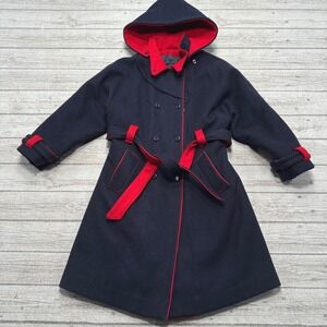 Vintage 90's Wool Trench Coat Women's M Navy Blue Hooded Belted Quilted Canada